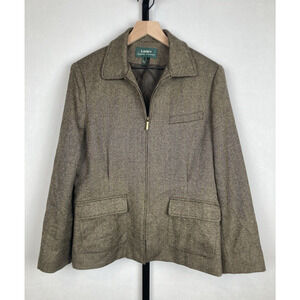 Lauren Ralph Lauren Wool Tweed Jacket 12 Brown Herringbone Full Zip Adjustable